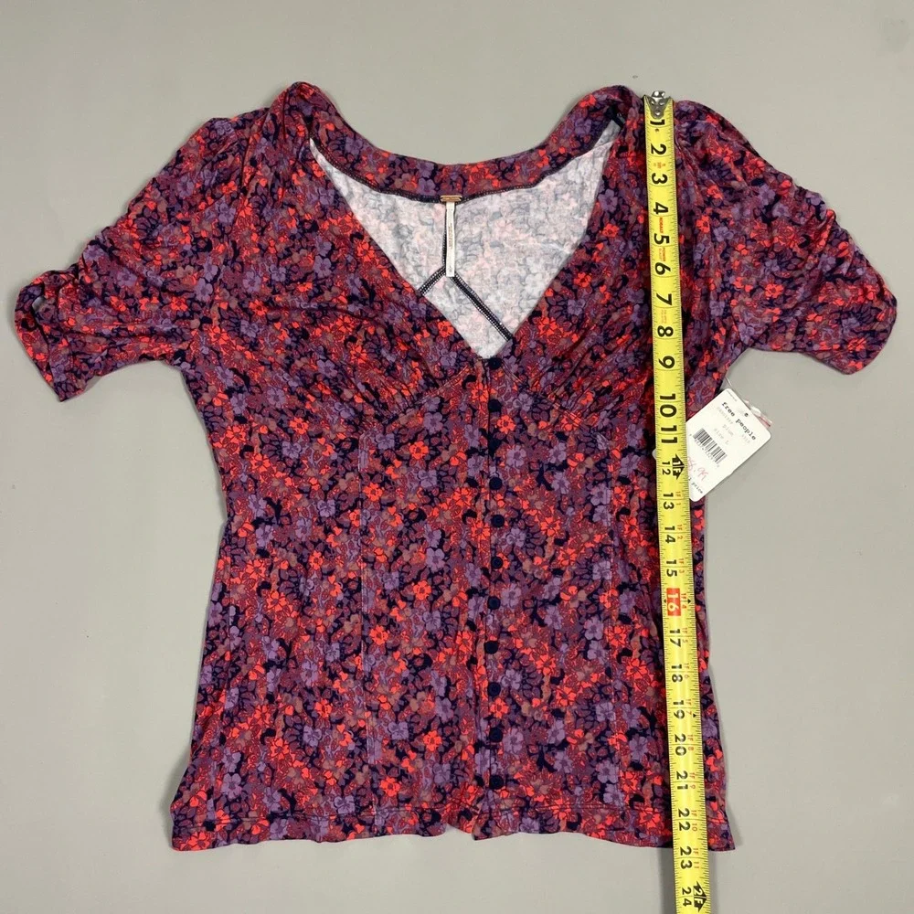 Free People Plum Floral V-Neck Button Front Puff Sleeve Top Retail $78 Womens L